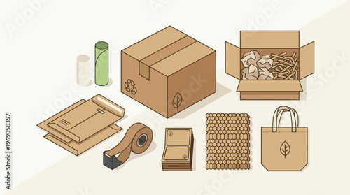 Eco-Friendly Sustainable Packaging and Shipping Materials Isometric Illustration Set - Cardboard Boxes, Honeycomb Wrap, Paper Envelopes, and Recyclable Supplies for E-commerce