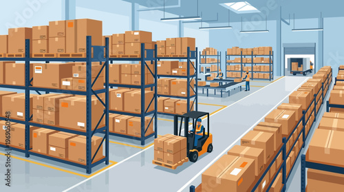 Modern Warehouse Illustration for Logistics, Supply Chain Management, and E-commerce Fulfillment Center with Forklift and Workers