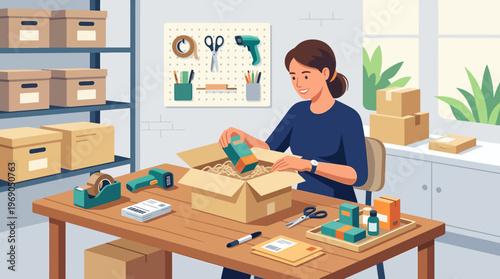 Female Entrepreneur Packing Orders in Small Home Office Warehouse for E-commerce Business Fulfillment and Shipping Vector Illustration