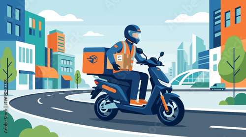 Delivery Courier on Electric Scooter Riding Through Modern City Streets, Professional Shipping and Logistics Service Vector Concept