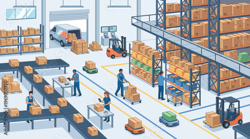Flat Design Illustration of an Automated Logistics Center and Warehouse Distribution Hub with Workers, Forklifts, Conveyors, and Delivery Van