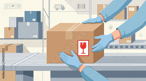 Flat Vector Illustration of Warehouse Worker Handling a Fragile Cardboard Box for Shipping and Delivery Services