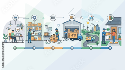 E-commerce Supply Chain and Logistics Process Infographic with Shipping, Warehouse, Fulfillment, and Last Mile Delivery Steps