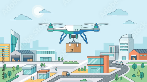 Autonomous Drone Delivery Service Illustration with Quadcopter Carrying Package Over Modern Cityscape and Logistics Warehouse for E-commerce and Last Mile Shipping Concept