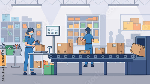 Logistics Warehouse with Workers Packing Boxes on Conveyor Belt for E-commerce Shipping and Global Trade Distribution Center Flat Vector Illustration