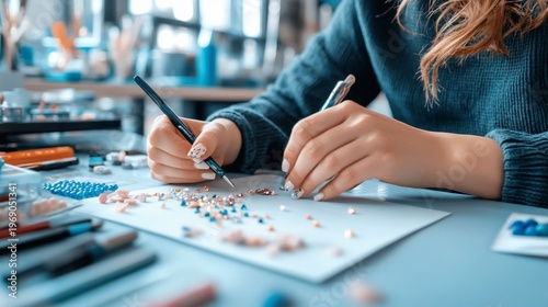 A person crafting with beads and tools on a workspace.