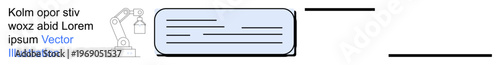 Industrial automation, robotics, technical designs, engineering, manufacturing, and technology concepts. Robot arm alongside a blank text box. Industrial automation and robotics