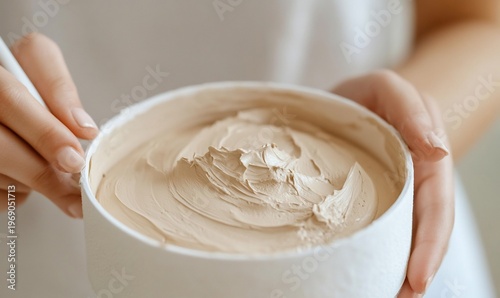 A person holding a bowl of creamy substance, possibly for skincare.
