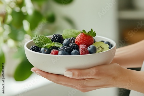 A person holding a bowl of fresh mixed berries and mint leaves.