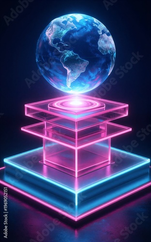 Neon globe atop glowing geometric pedestal futuristic cosmic display.