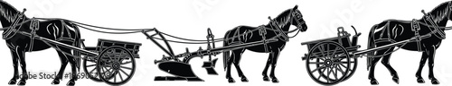 Black silhouette illustration of three horses harnessed to traditional plowing equipment, representing historical farming technology, agriculture labor, and old-fashioned countryside cu