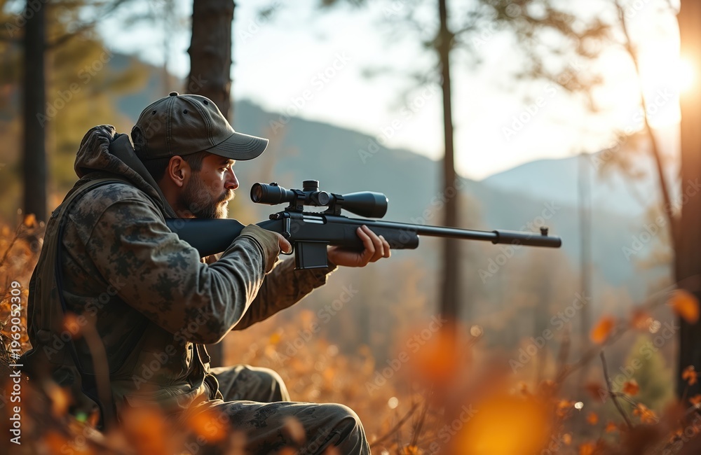 Fototapeta premium Man in camouflage aims rifle with scope in autumn forest. Hunter waits for prey, focused on target. Outdoor activity during hunting season. Wilderness pursuit.