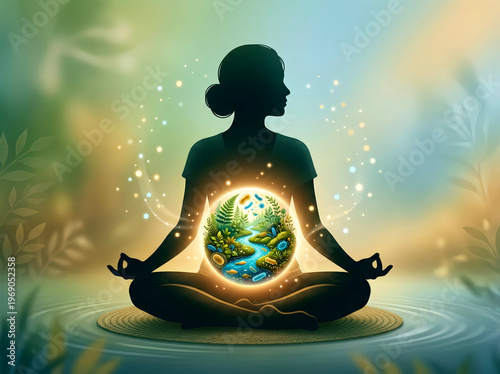 Woman meditating with a glowing miniature ecosystem within her silhouette