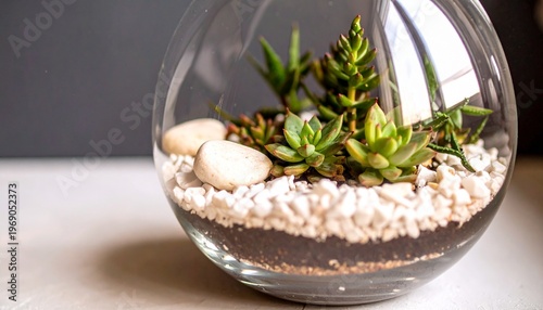 Tableau sur toile Miniature succulent garden inside a beautiful glass bowl terrarium on a white table