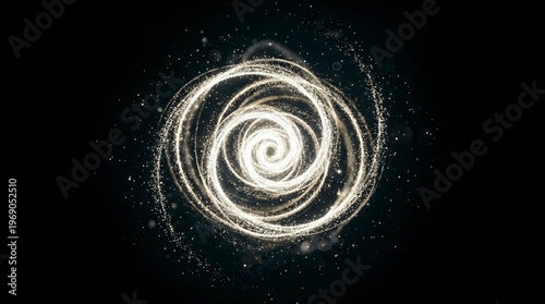 Abstract swirling luminous particles forming a spiral galaxy on a dark background