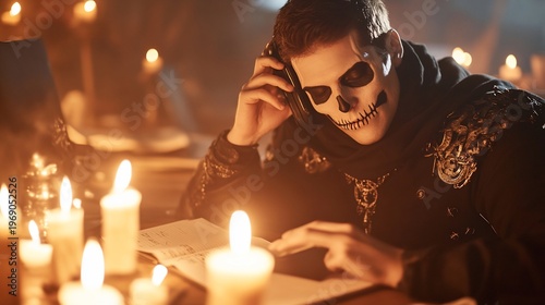 A person in a skull mask listens to music among flickering candles.