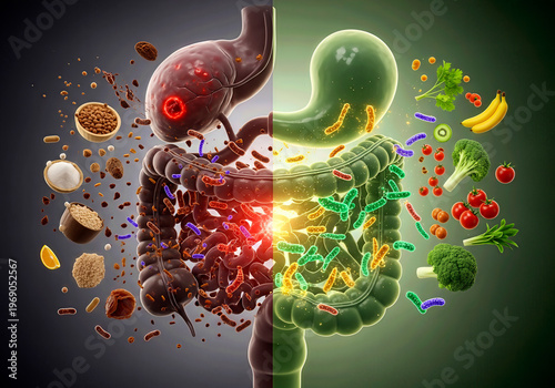Gut microbiome health comparison: unhealthy vs healthy digestive system with probiotics and food
