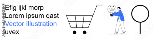 E-commerce, eco-friendly ideas, consumer goods, innovation, research, online shopping. A shopping cart, a person holding a glowing light bulb and a magnifying glass icon. E-commerce and eco-friendly