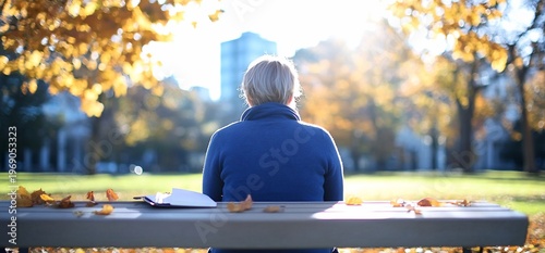 A person sitting on a bench surrounded by autumn foliage.