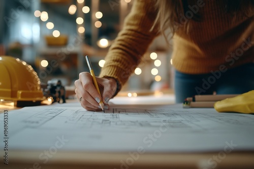 A person sketches architectural plans on a blueprint.