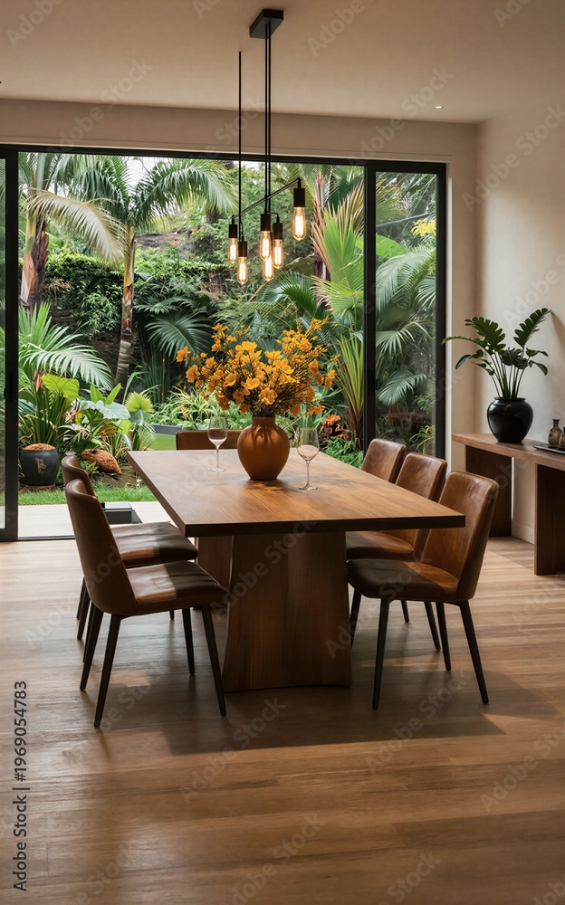Fototapeta premium Cozy dining room with wooden table modern chandelier and lush