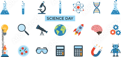 Science Day icons set with laboratory equipment and symbols