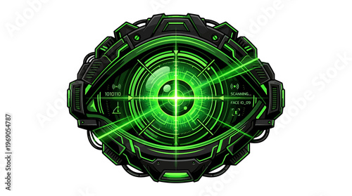 Intense green light emanates from a sleek, futuristic cybernetic eye with a detailed target reticle, symbolizing advanced digital surveillance and technological vision and innovation