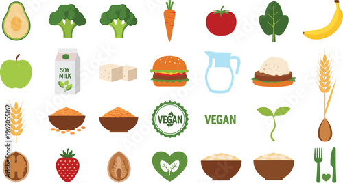 Vegan food icons and symbols for healthy plant-based eating lifestyle
