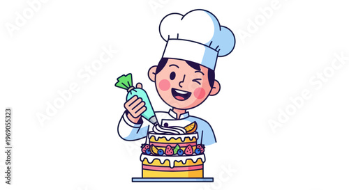 Happy Chef Decorating Cake with Piping Bag, Baking, Pastry, Dessert Creation