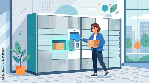 Young Woman Using Smart Parcel Locker for Automated Package Pickup and Delivery with Smartphone App