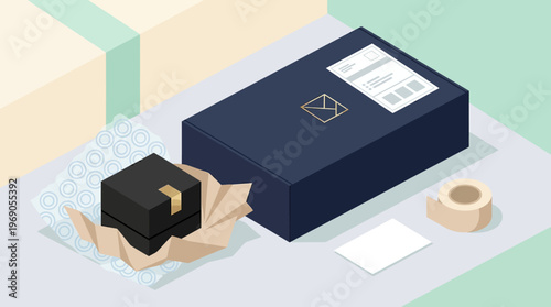 Isometric Vector Illustration of Premium E-commerce Packaging and Shipping Materials for Brand Identity