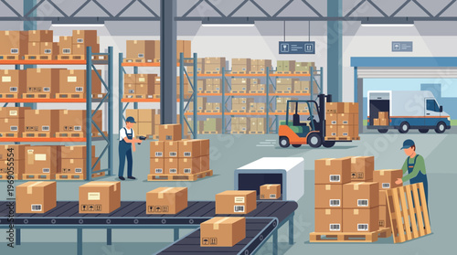 Industrial Warehouse Interior and Logistics Management Illustration with Workers, Conveyor Belt, Forklift, and Delivery Truck for Supply Chain and Distribution Concept