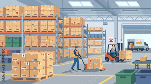 Modern Warehouse Logistics Interior with Workers, Forklift, and Delivery Truck for E-commerce Supply Chain and Distribution Management Illustration