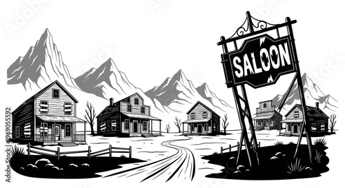 Wild West Town Saloon Scene with Mountains and Old Buildings