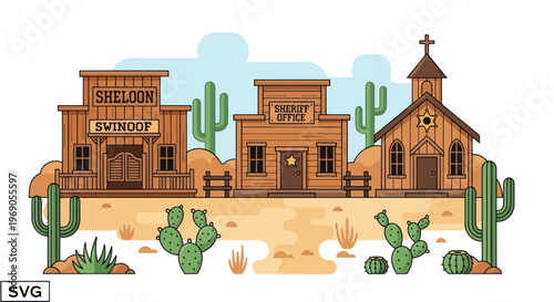 Wild West Town Scene with Saloon, Sheriff Office, and Church