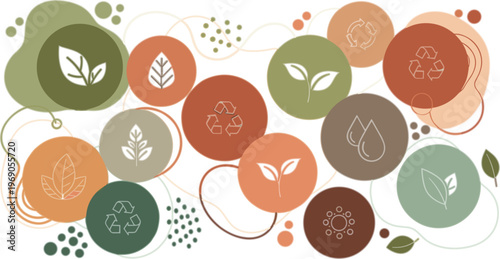 Eco friendly abstract circles with sustainability icons, organic shapes, natural colors and environmental concept design for green branding and awareness visuals