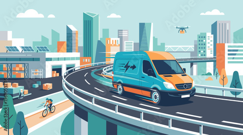Sustainable Smart City Logistics: Electric Delivery Van on Highway with Drone and Eco-friendly Warehouse Illustration