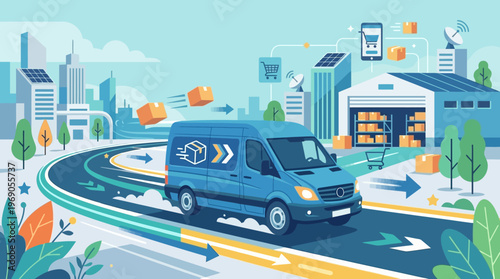 Flat Vector Illustration of Blue Delivery Van Driving from Warehouse to City for E-commerce Logistics and Fast Shipping Services