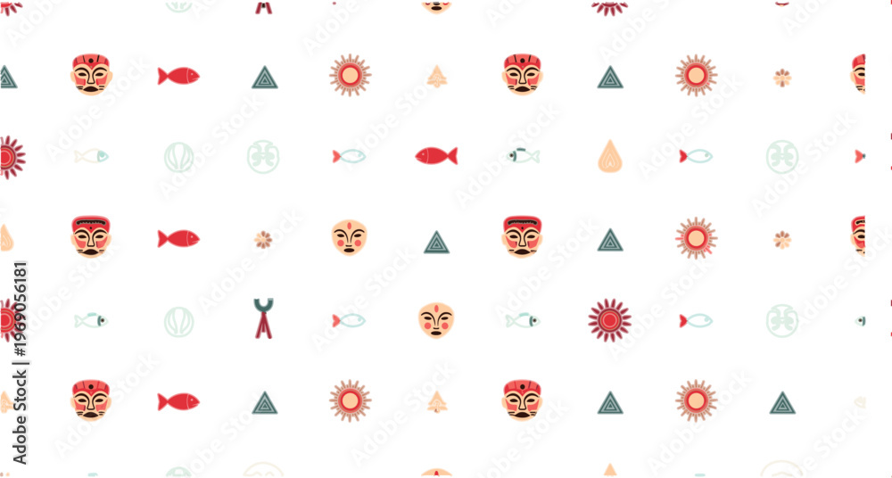 Fototapeta premium Seamless tribal pattern with cultural masks, fish, sun symbols and geometric decorative elements