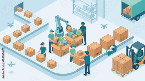 Modern Warehouse Logistics Illustration: Isometric View of Smart Fulfillment Center with Robots, Workers, and Conveyor Belts for E-commerce Shipping and Supply Chain Management