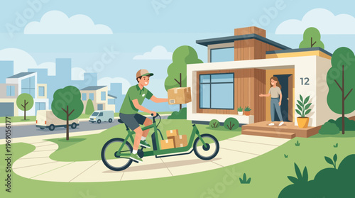 Eco-friendly courier delivering packages on a green cargo bike to a modern suburban home
