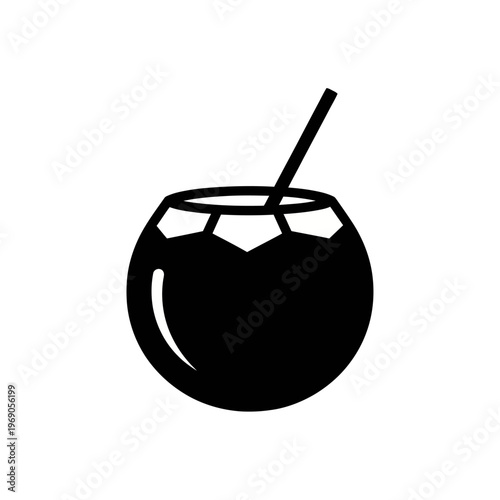 Minimalist black icon of a tropical coconut drink with a straw, soccer ball pattern subtly integrated, ideal for summer refreshers, beach, and sport themes