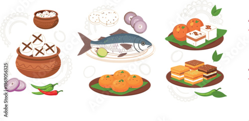 Traditional Indian food dishes vector set with fish curry, sweets, rice and regional cuisine illustration