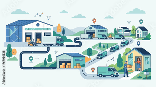 Logistics and Supply Chain Management Infographic Illustration Showing Warehouse, Electric Delivery Trucks, and Last Mile Delivery Process