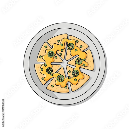 Flat color illustration of delicious nachos with melted cheese and jalapeños on a plate