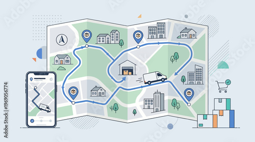 Digital Logistics and Smart Delivery Tracking Concept Vector Illustration with Map, Smartphone App, Delivery Van, and Parcel Boxes