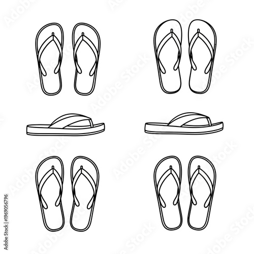 Set of hand-drawn flip-flop icons on a white background, for summer