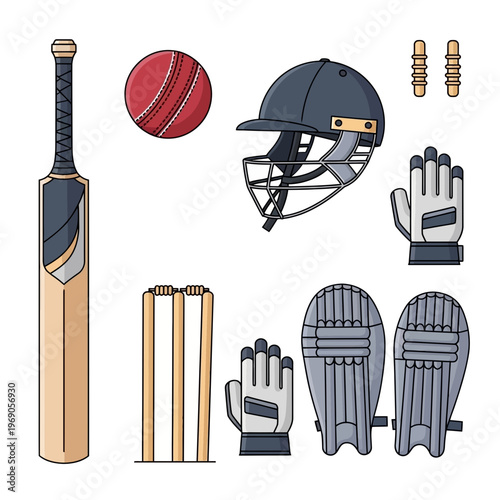 Cricket equipment set bat, ball, wicket, helmet, gloves, and pads