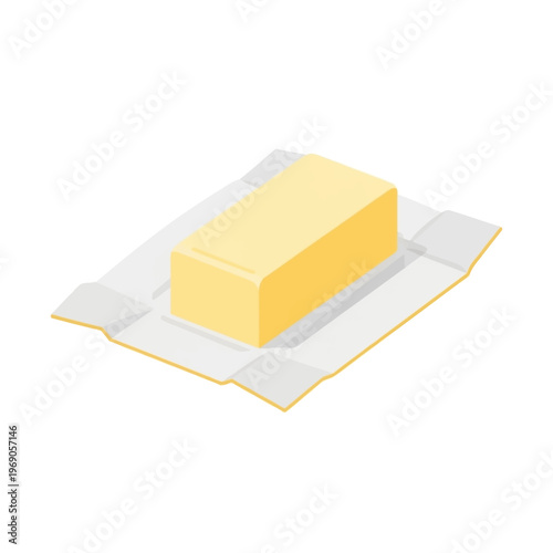 Vibrant flat design illustration of a fresh golden butter stick, partially unwrapped, a key dairy ingredient used widely in culinary preparations
