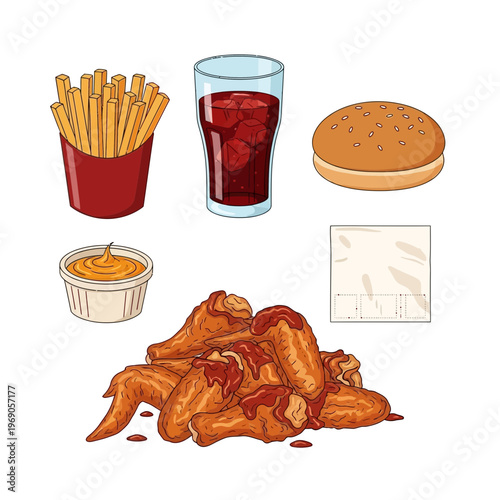 Delicious fast food meal with chicken wings, fries, and a drink